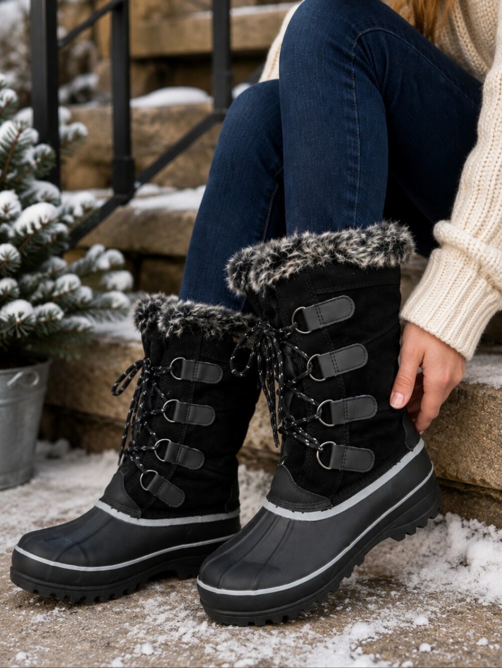 Khombu Women's Black Faux Fur Winter Snow Boots Waterproof Duck Boots Size 9